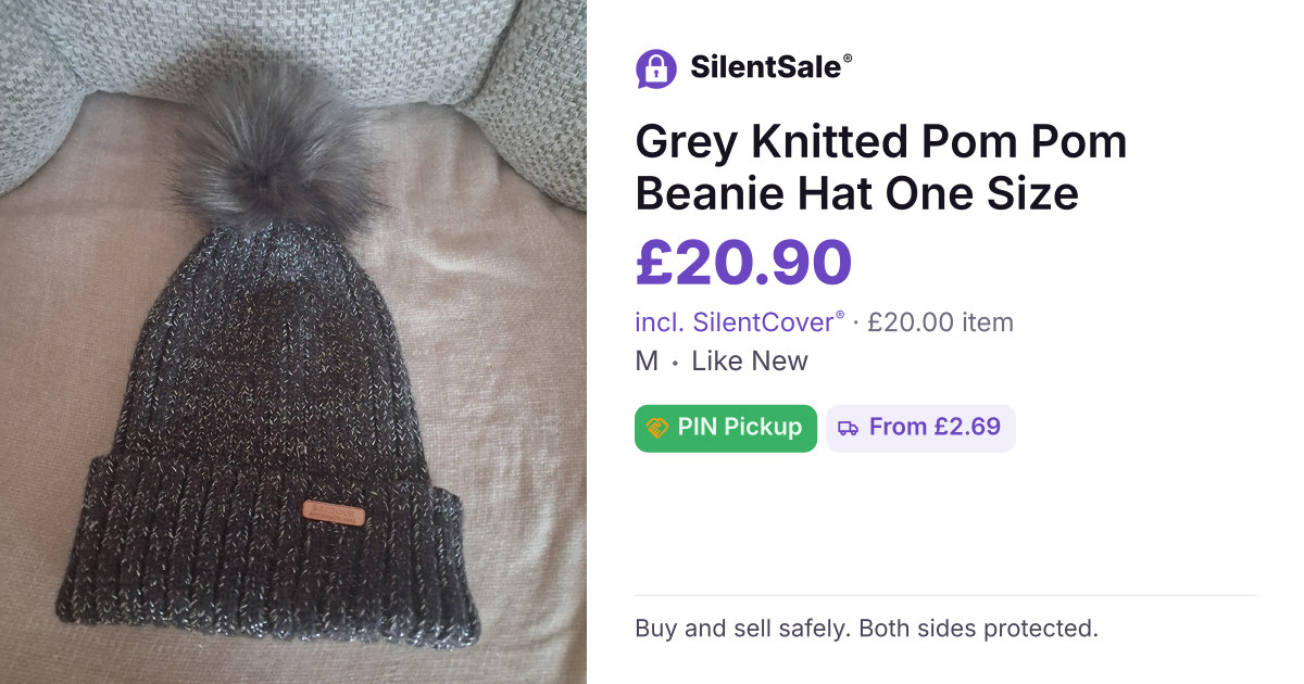 Grey Knitted Pom Pom Beanie Hat One Size
