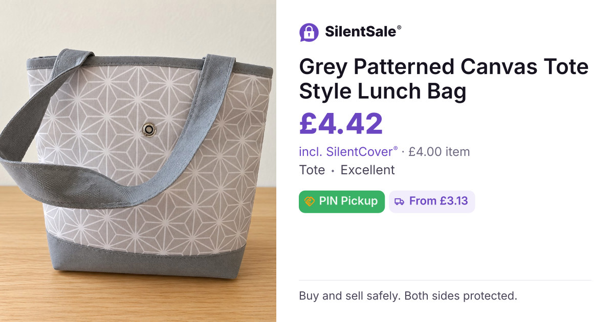 Grey Patterned Canvas Tote Style Lunch Bag