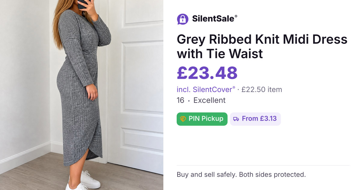 Grey Ribbed Knit Midi Dress with Tie Waist