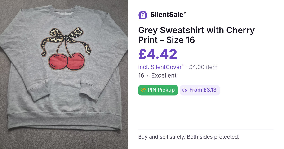 Grey Sweatshirt with Cherry Print – Size 16