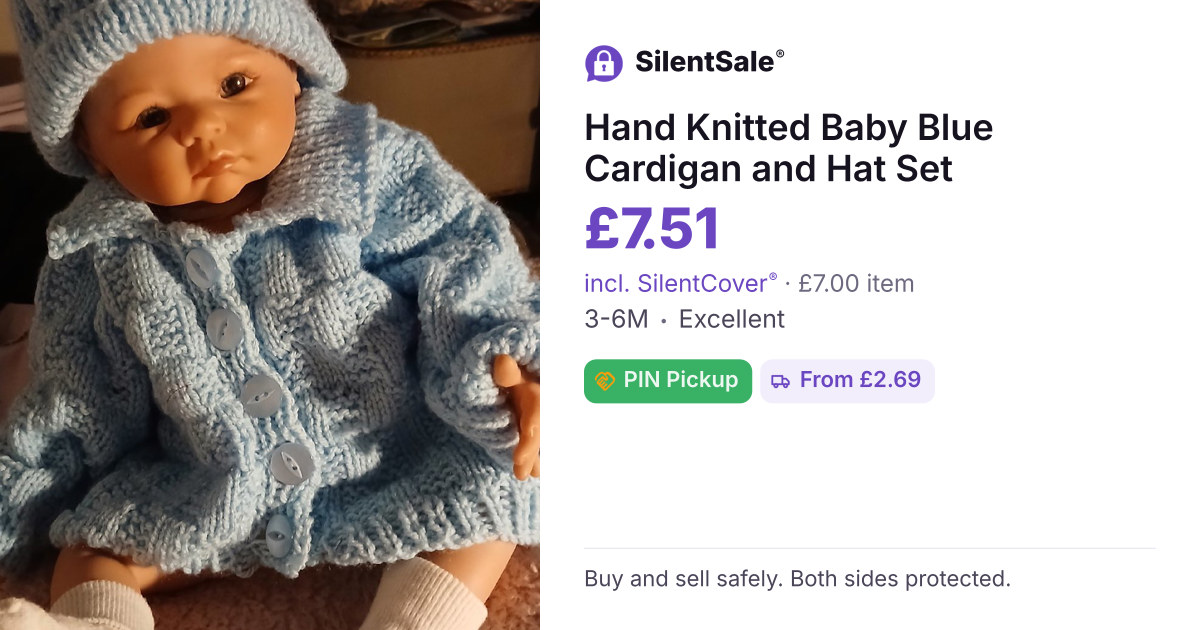 Hand Knitted Baby Blue Cardigan and Hat Set