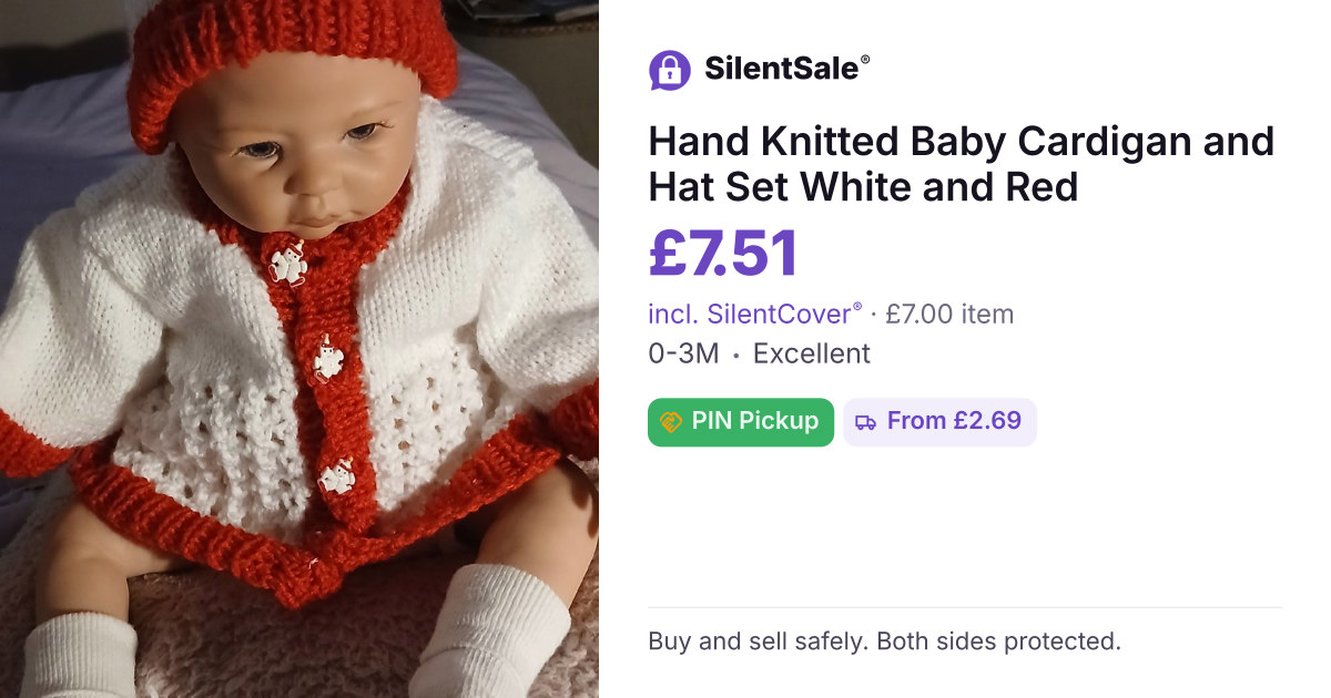 Hand Knitted Baby Cardigan and Hat Set White and Red