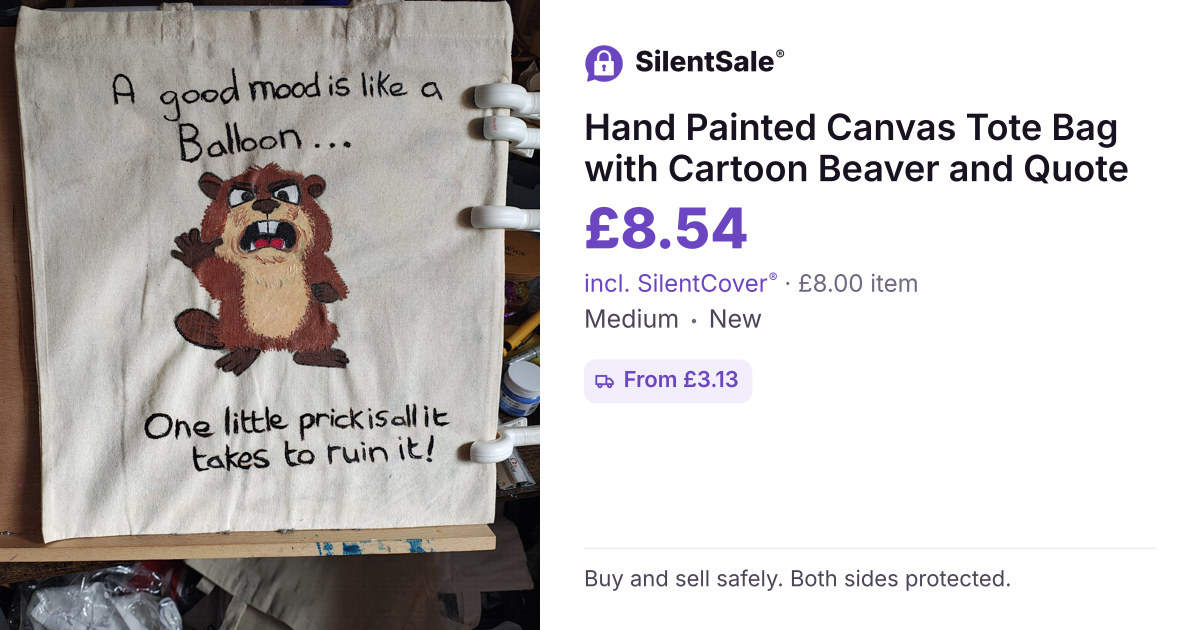 Hand Painted Canvas Tote Bag with Cartoon Beaver and Quote