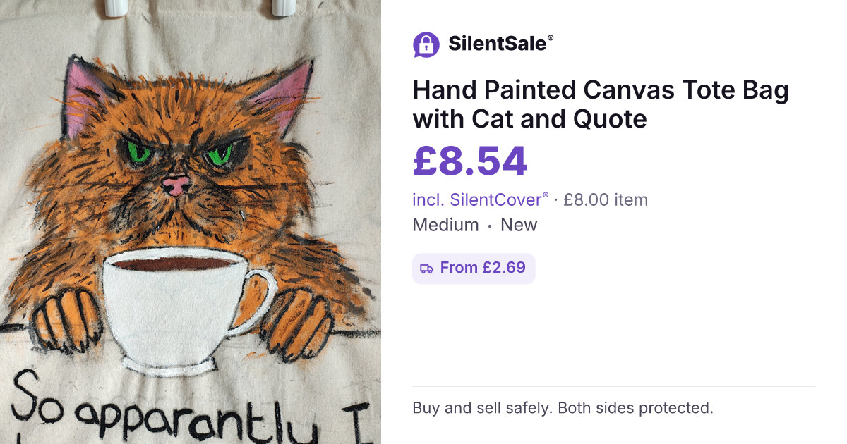 Hand Painted Canvas Tote Bag with Cat and Quote