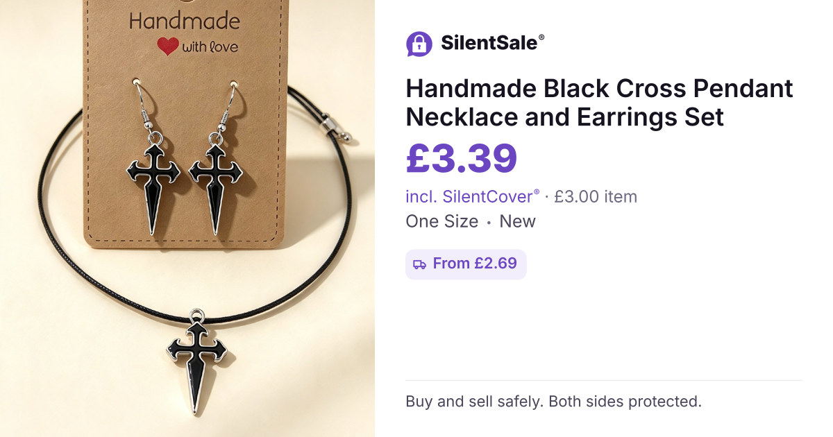 Handmade Black Cross Pendant Necklace and Earrings Set
