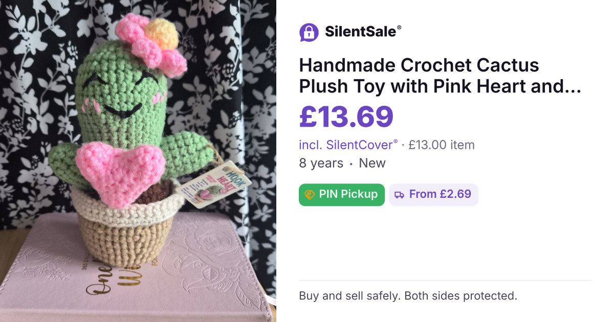 Handmade Crochet Cactus Plush Toy with Pink Heart and Flower