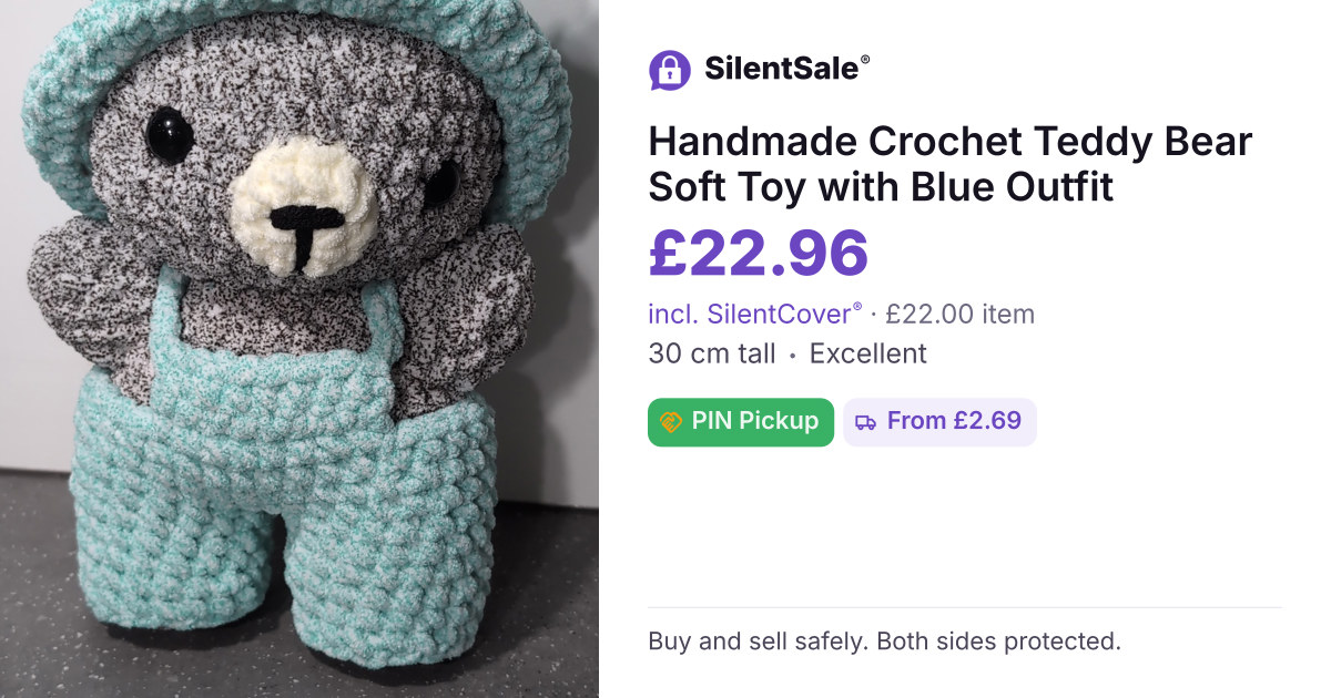 Handmade Crochet Teddy Bear Soft Toy with Blue Outfit