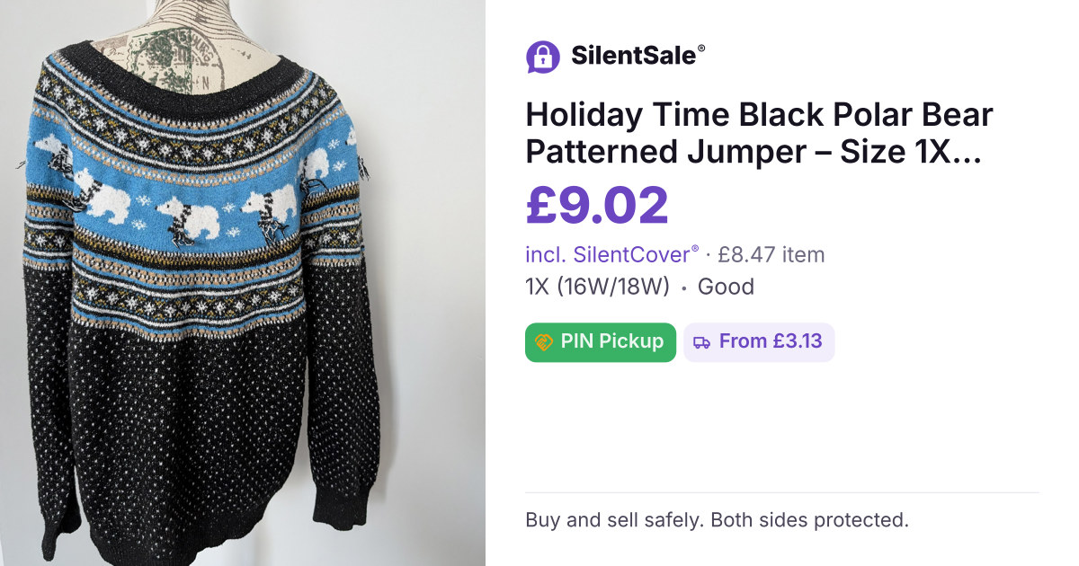 Holiday Time Black Polar Bear Patterned Jumper – Size 1X (16W/18W)