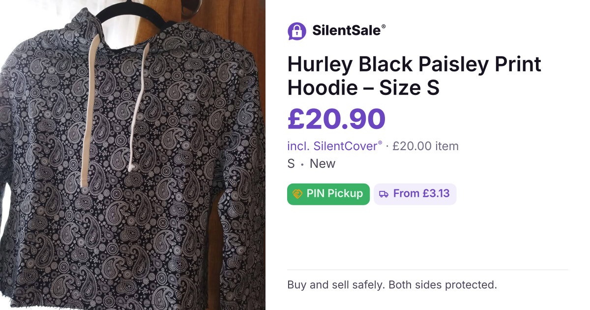 Hurley Black Paisley Print Hoodie – Size S
