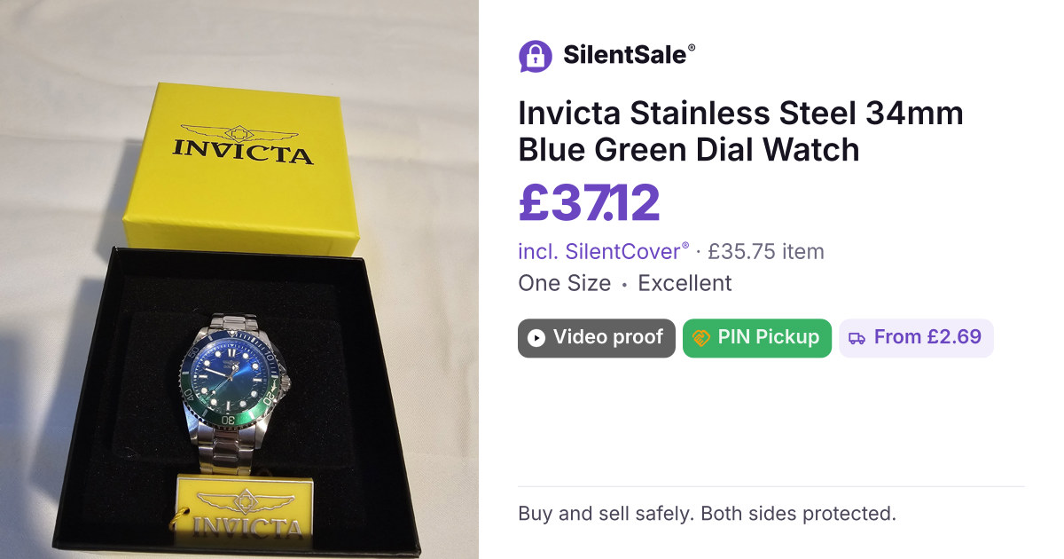 Invicta Stainless Steel 34mm Blue Green Dial Watch