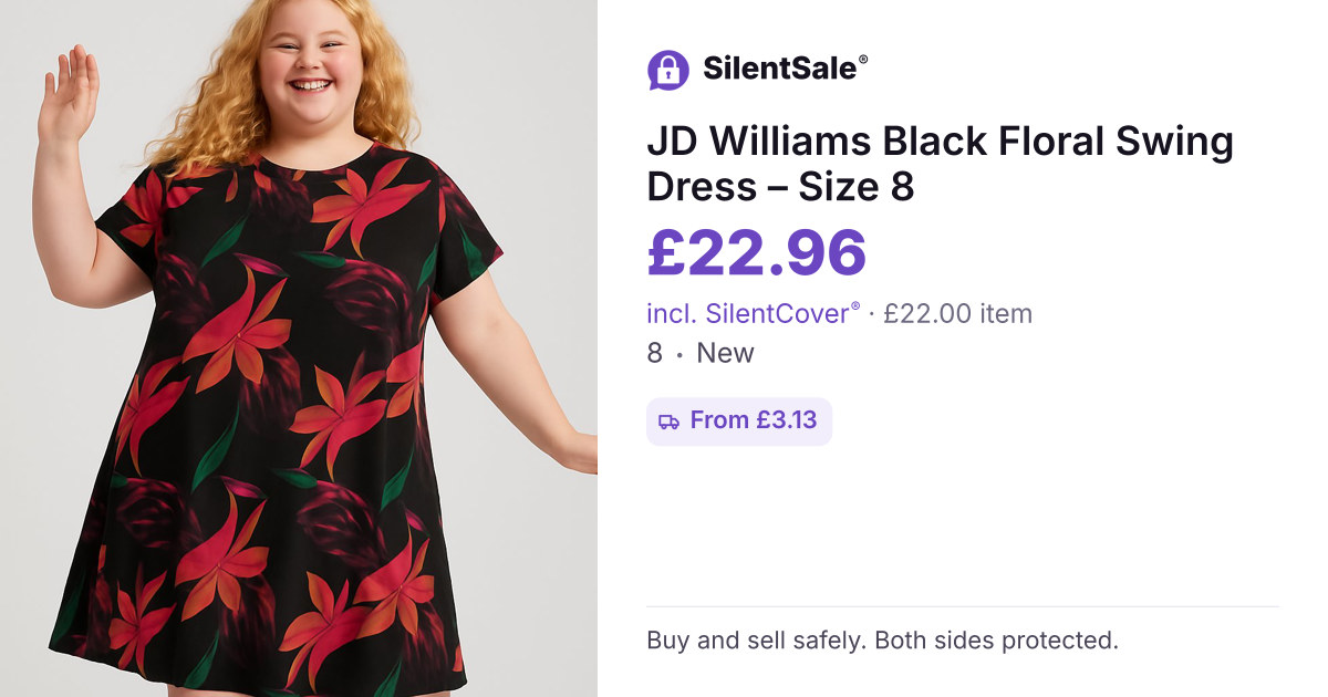 JD Williams Black Floral Swing Dress – Size 8
