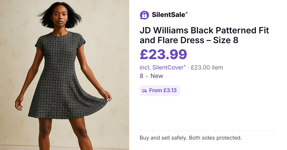 JD Williams Black Patterned Fit and Flare Dress – Size 8