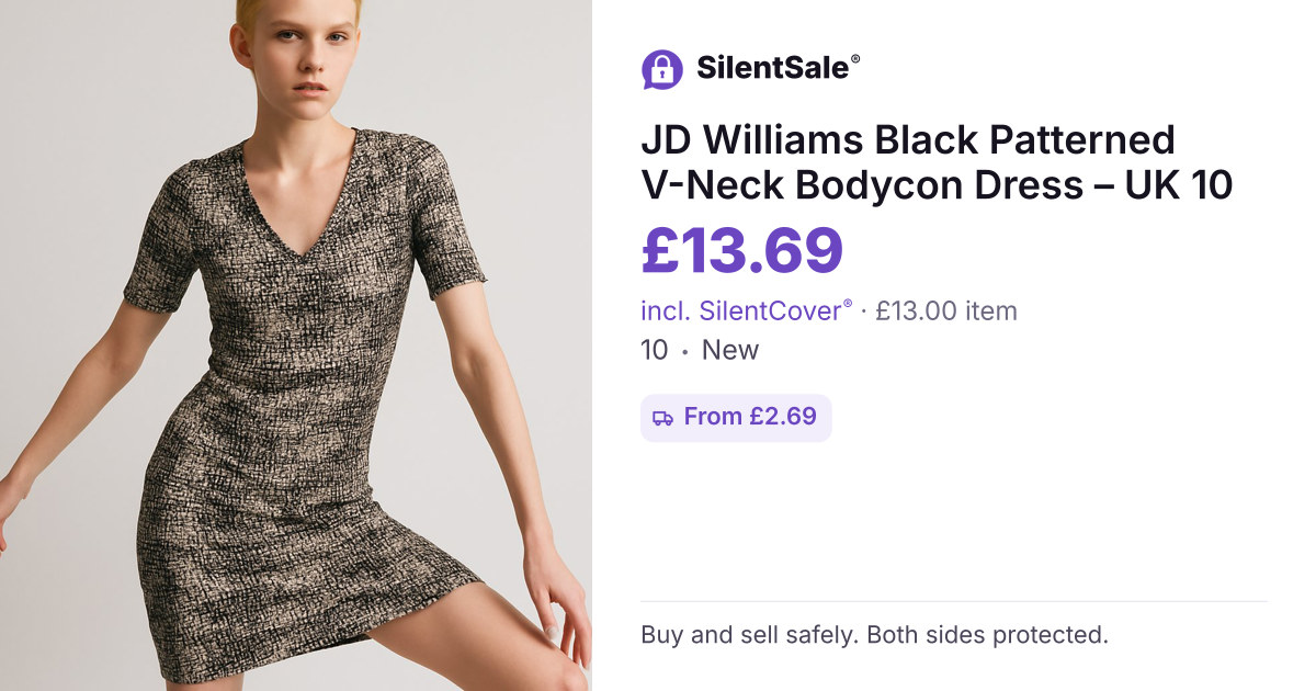 JD Williams Black Patterned V-Neck Bodycon Dress – UK 10