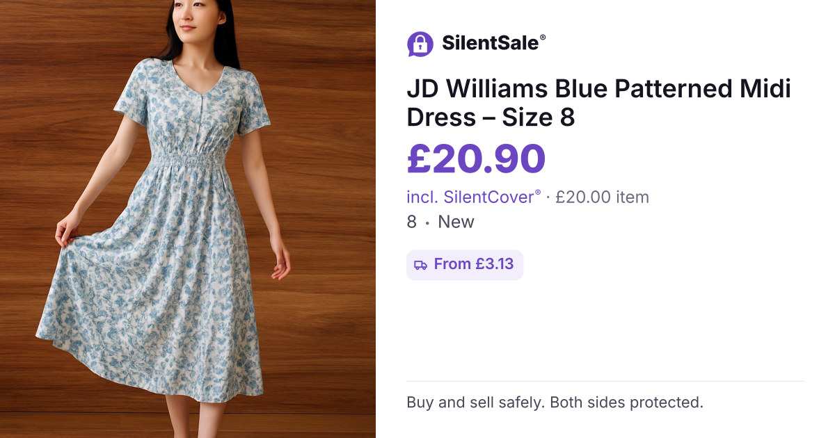 JD Williams Blue Patterned Midi Dress – Size 8