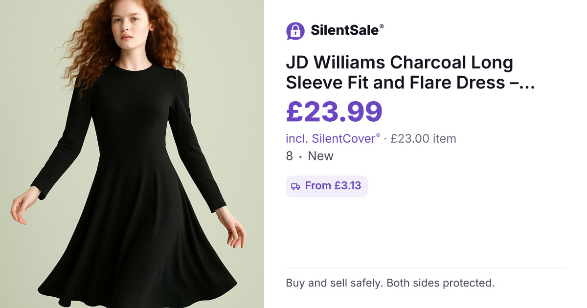 JD Williams Charcoal Long Sleeve Fit and Flare Dress – Size 8