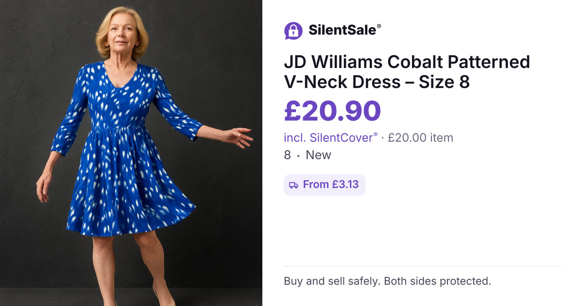 JD Williams Cobalt Patterned V-Neck Dress – Size 8