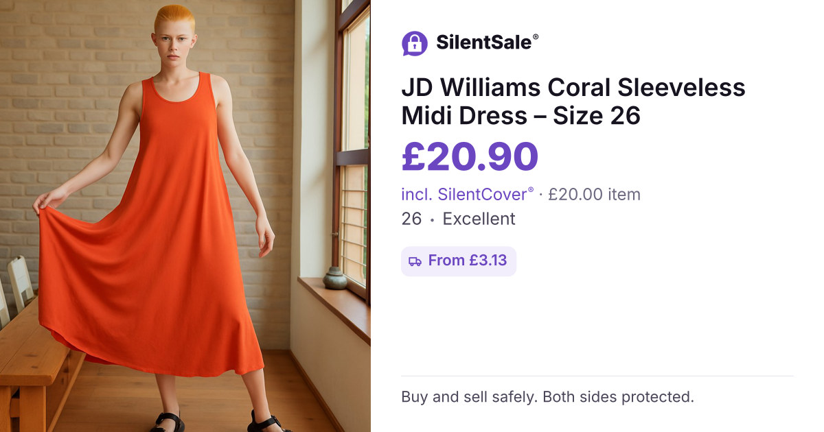 JD Williams Coral Sleeveless Midi Dress – Size 26