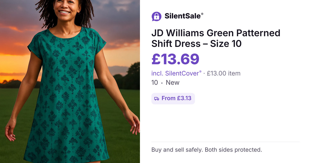 JD Williams Green Patterned Shift Dress – Size 10