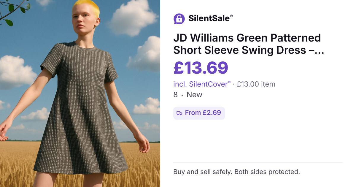 JD Williams Green Patterned Short Sleeve Swing Dress – Size 8