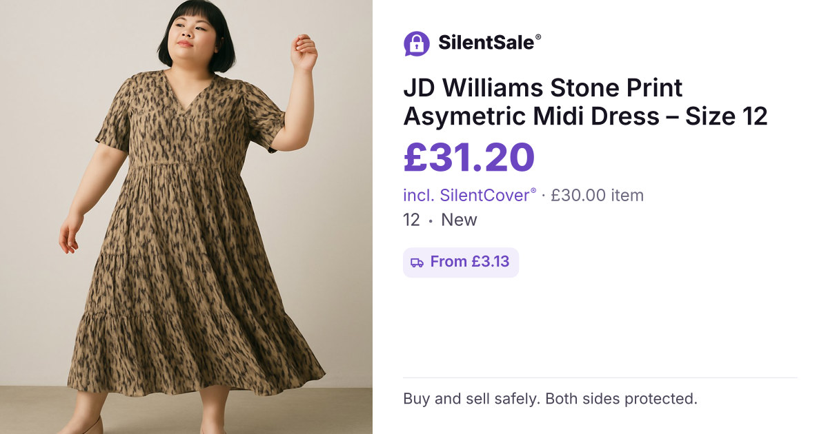 JD Williams Stone Print Asymetric Midi Dress – Size 12
