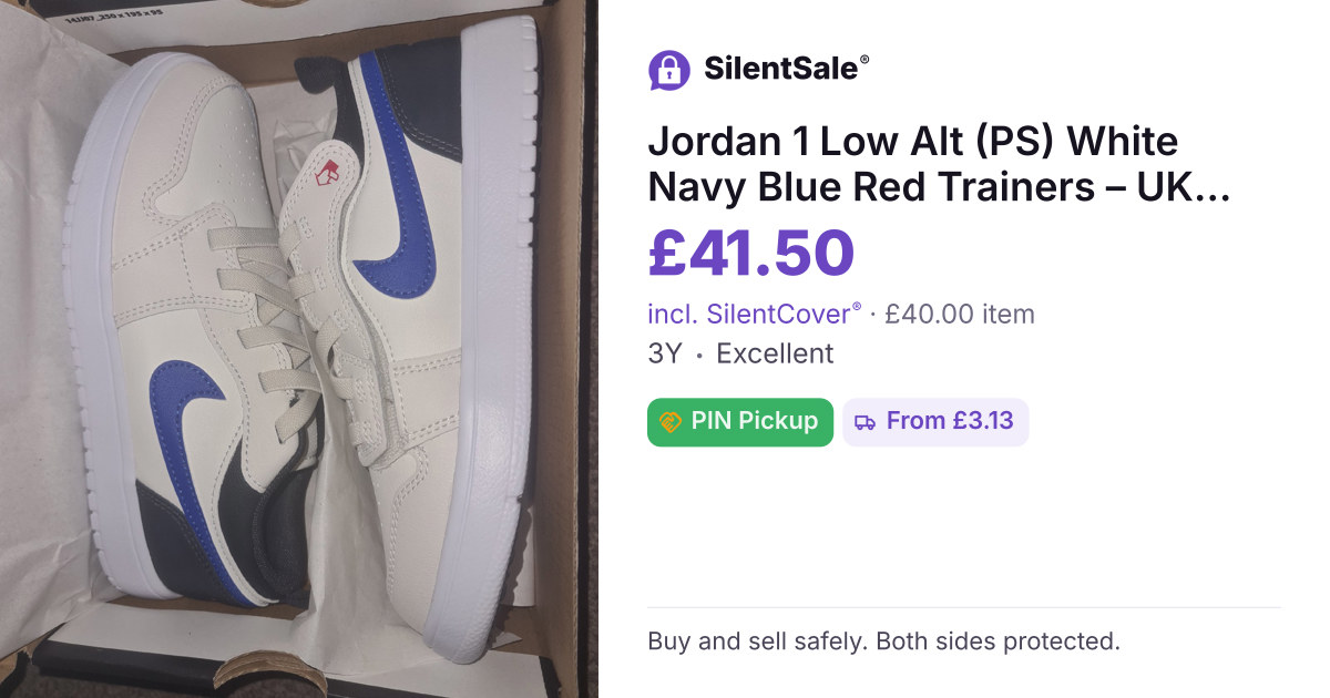Jordan 1 Low Alt (PS) White Navy Blue Red Trainers – UK 2.5 Youth