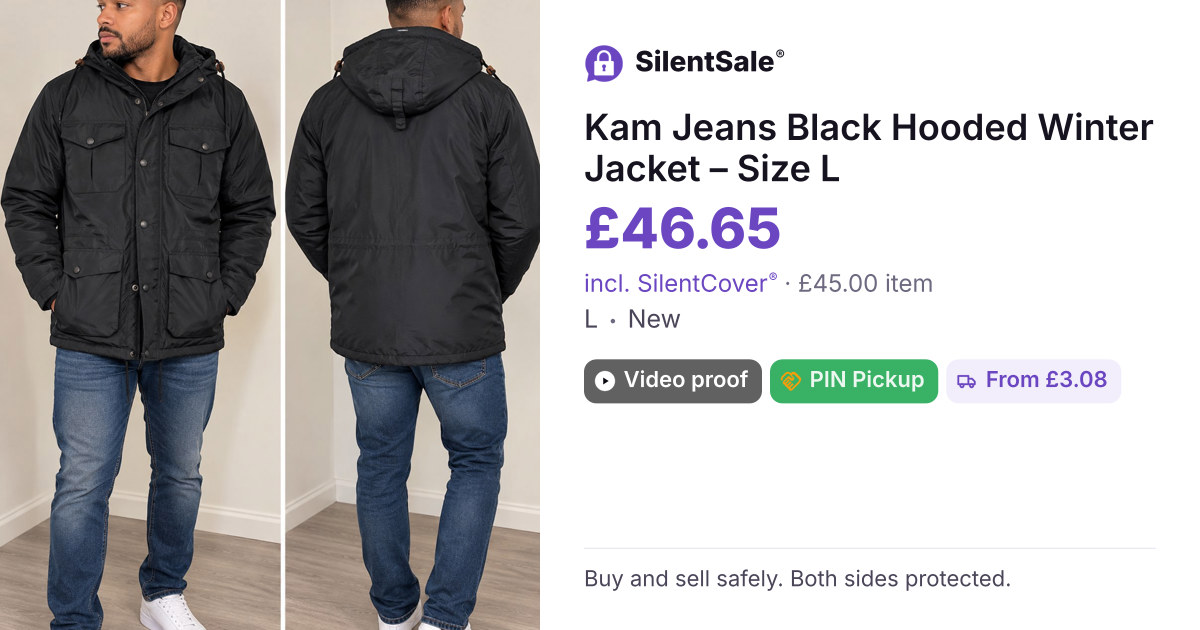 Kam Jeans Black Hooded Winter Jacket – Size L