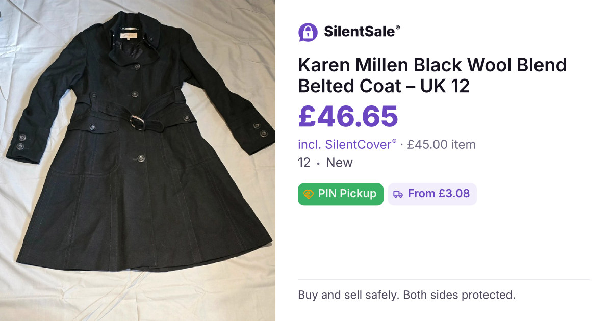 Karen Millen Black Wool Blend Belted Coat – UK 12