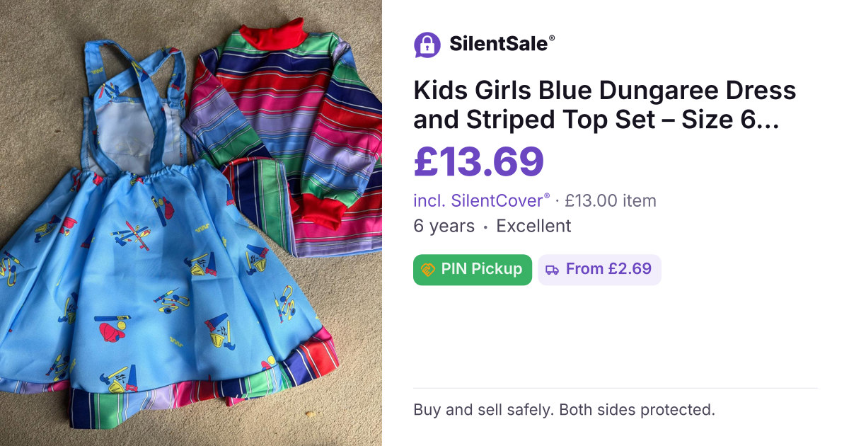 Kids Girls Blue Dungaree Dress and Striped Top Set – Size 6 years
