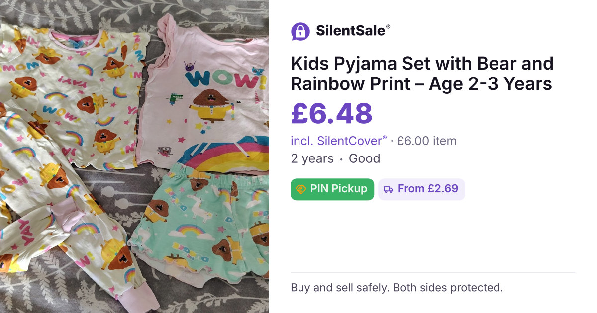 Kids Pyjama Set with Bear and Rainbow Print – Age 2-3 Years