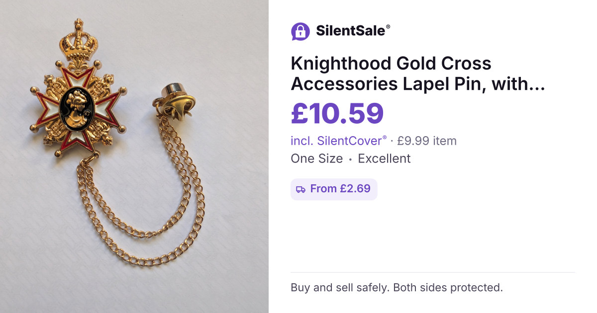 Knighthood Gold Cross Accessories Lapel Pin, with Chain and Boxed