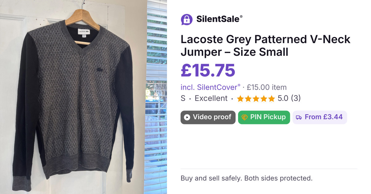 Lacoste Grey Patterned V-Neck Jumper – Size Small