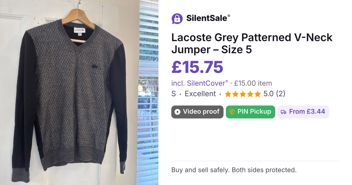 Lacoste Grey Patterned V-Neck Jumper – Size 5