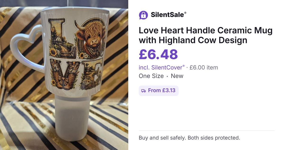 Love Heart Handle Ceramic Mug with Highland Cow Design
