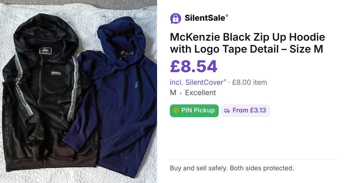McKenzie Black Zip Up Hoodie with Logo Tape Detail – Size M