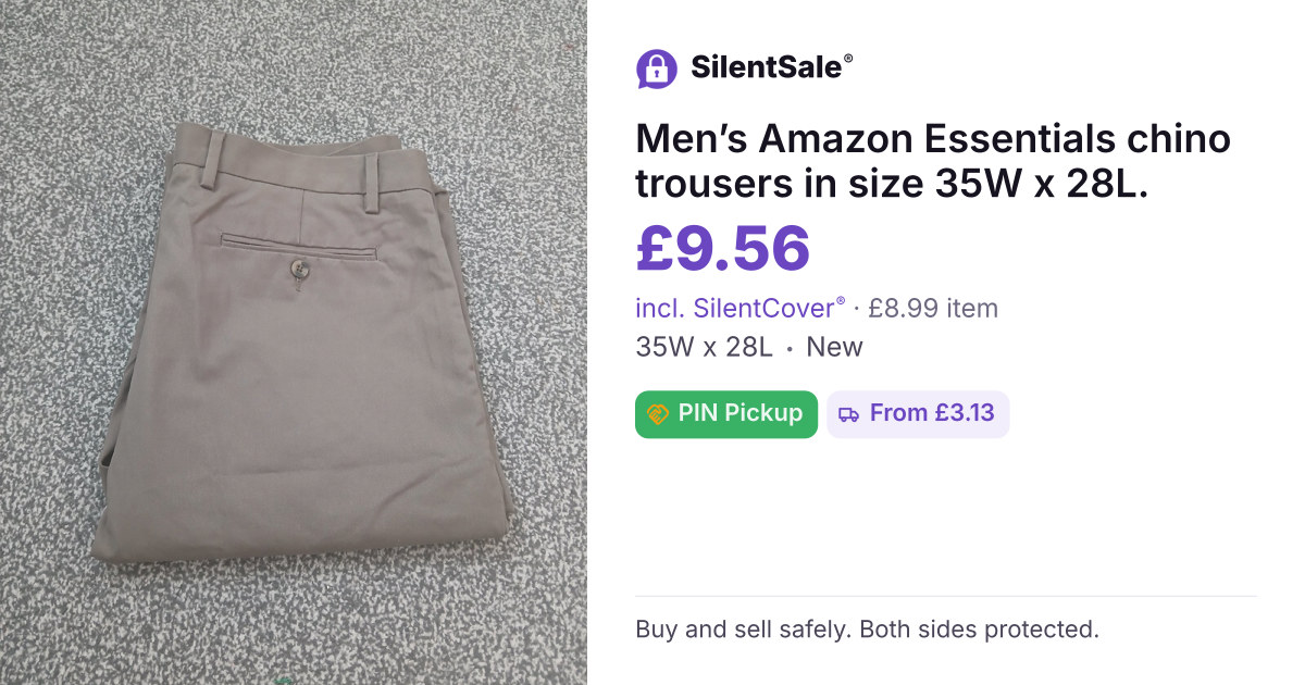Men’s Amazon Essentials chino trousers in size 35W x 28L.