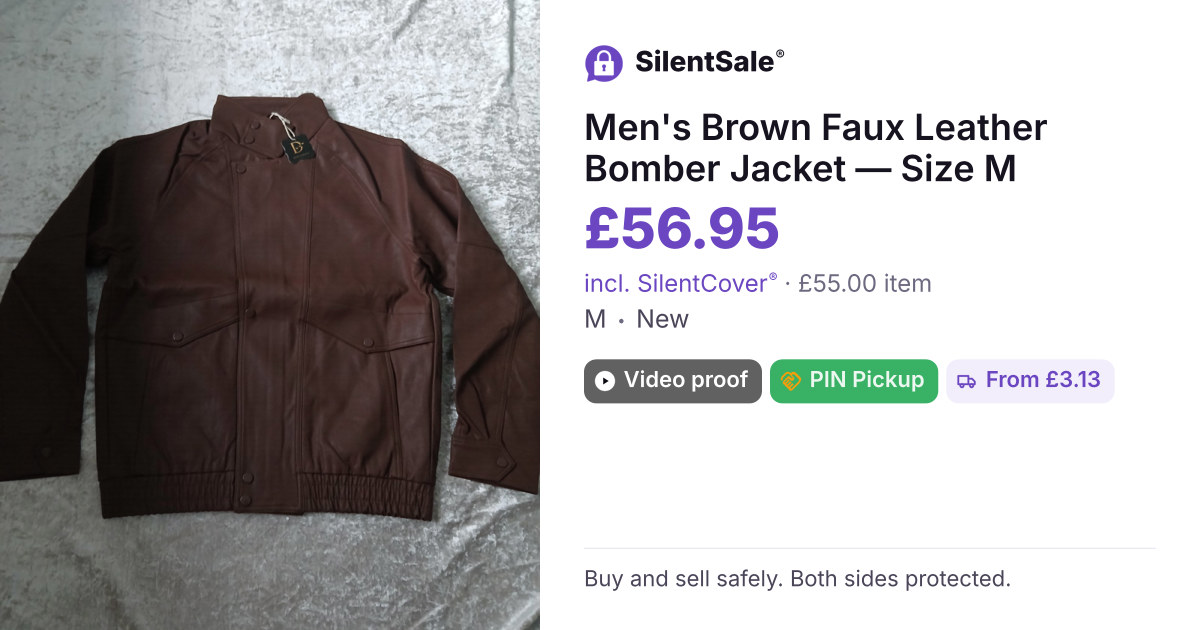 Men's Brown Faux Leather Bomber Jacket — Size M