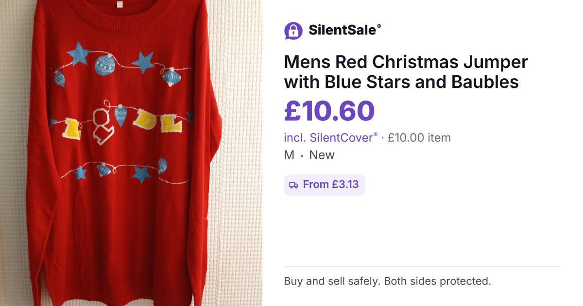 Mens Red Christmas Jumper with Blue Stars and Baubles
