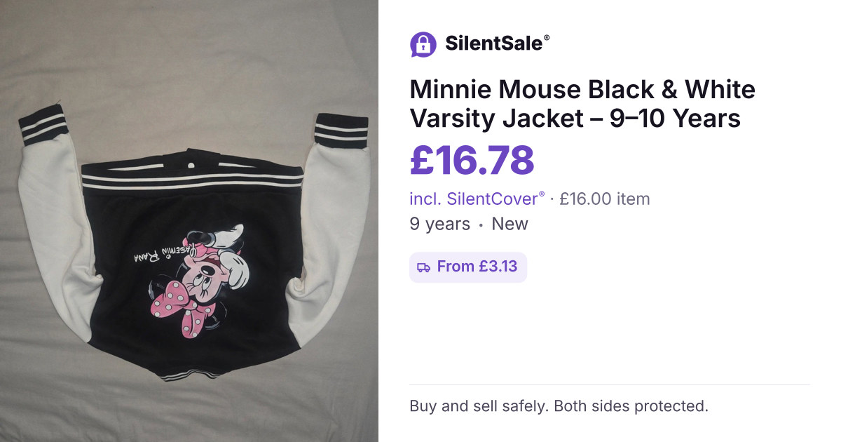 Minnie Mouse Black & White Varsity Jacket – 9–10 Years