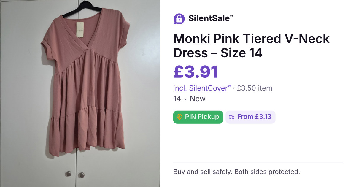 Monki Pink Tiered V-Neck Dress – Size 14