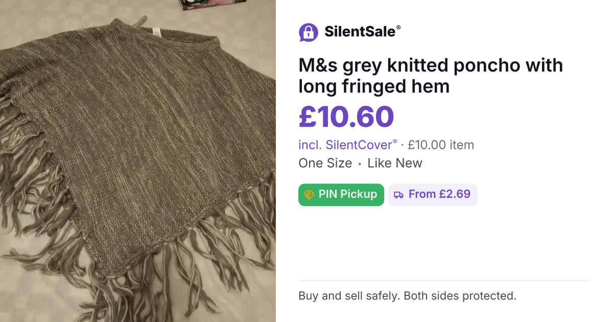 M&s grey knitted poncho with long fringed hem