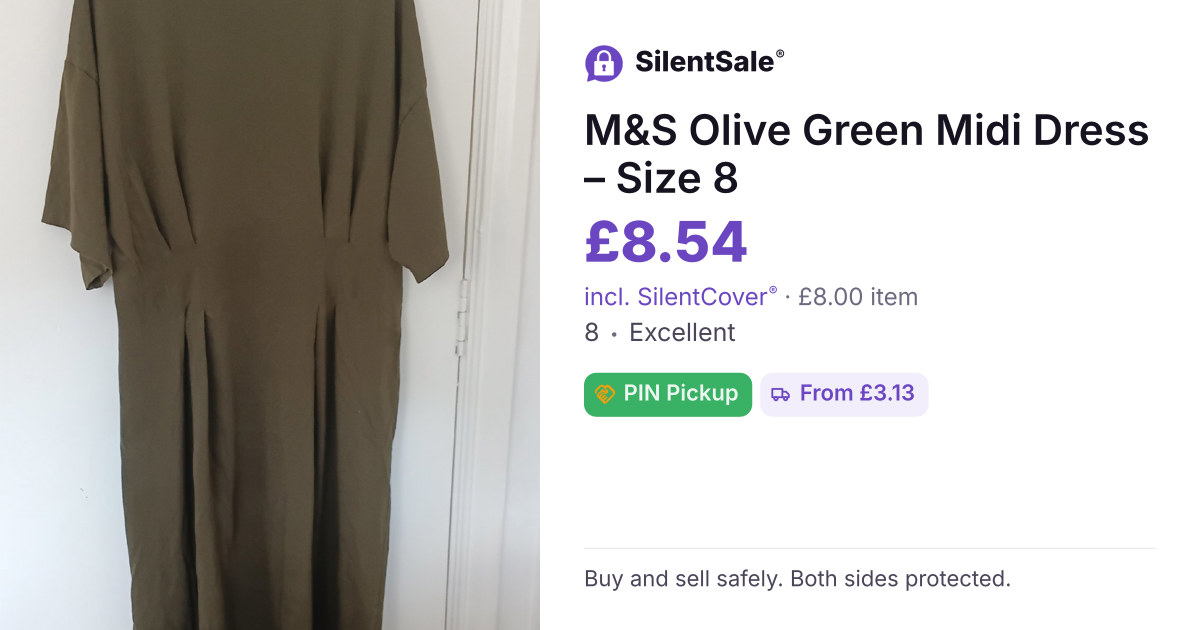 M&S Olive Green Midi Dress – Size 8