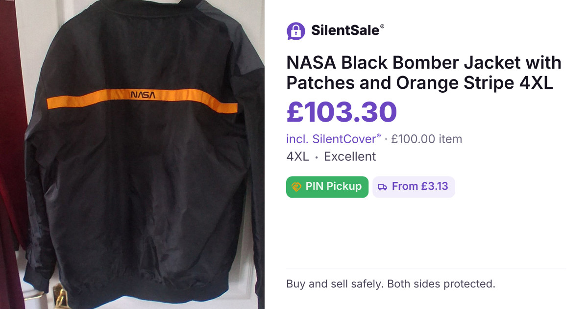 NASA Black Bomber Jacket with Patches and Orange Stripe 4XL