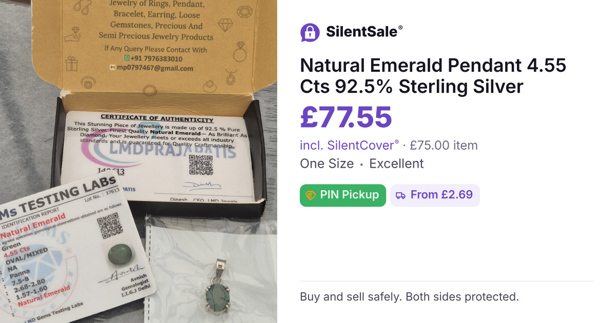 Natural Emerald Pendant 4.55 Cts 92.5% Sterling Silver