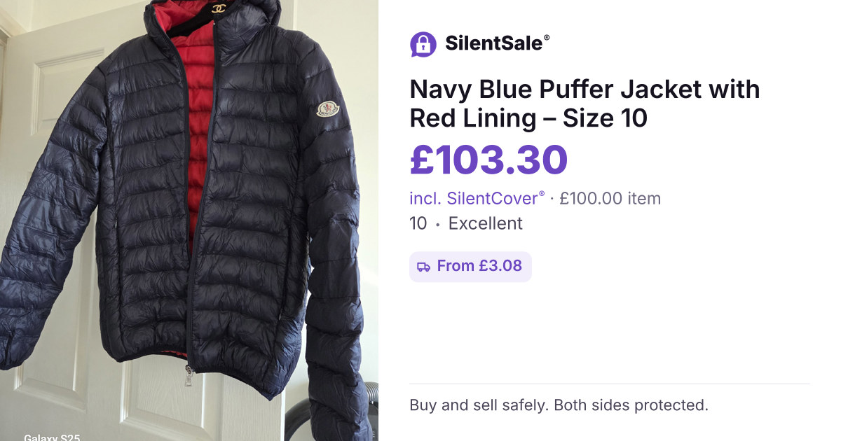  Navy Blue Puffer Jacket with Red Lining – Size 10