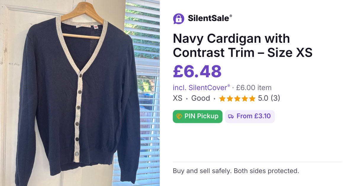 Navy Cardigan with Contrast Trim – Size XS
