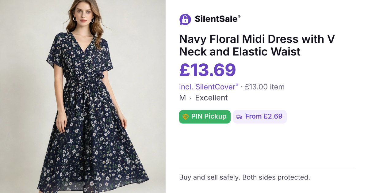 Navy Floral Midi Dress with V Neck and Elastic Waist