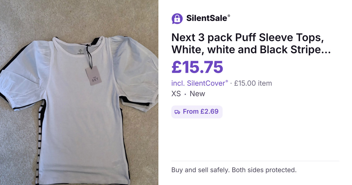 Next 3 pack  Puff Sleeve Tops, White, white and Black Stripe, black – XS