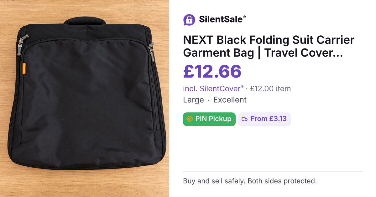 NEXT Black Folding Suit Carrier Garment Bag | Travel Cover with Shoulder Strap & Carry Handle