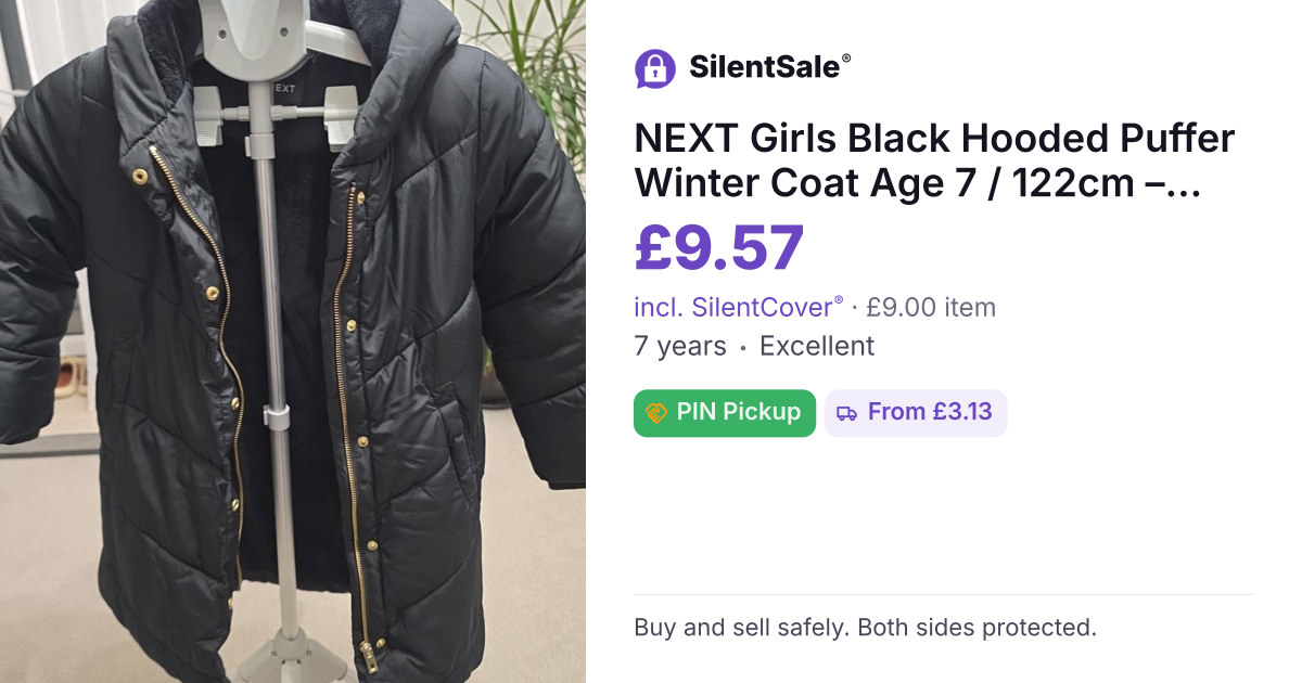 NEXT Girls Black Hooded Puffer Winter Coat Age 7 / 122cm – Fleece Lined
