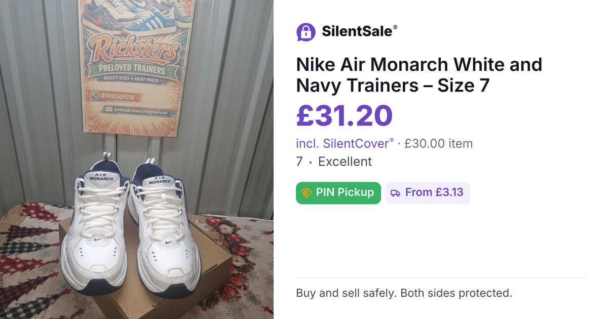 Nike Air Monarch White and Navy Trainers – Size 7